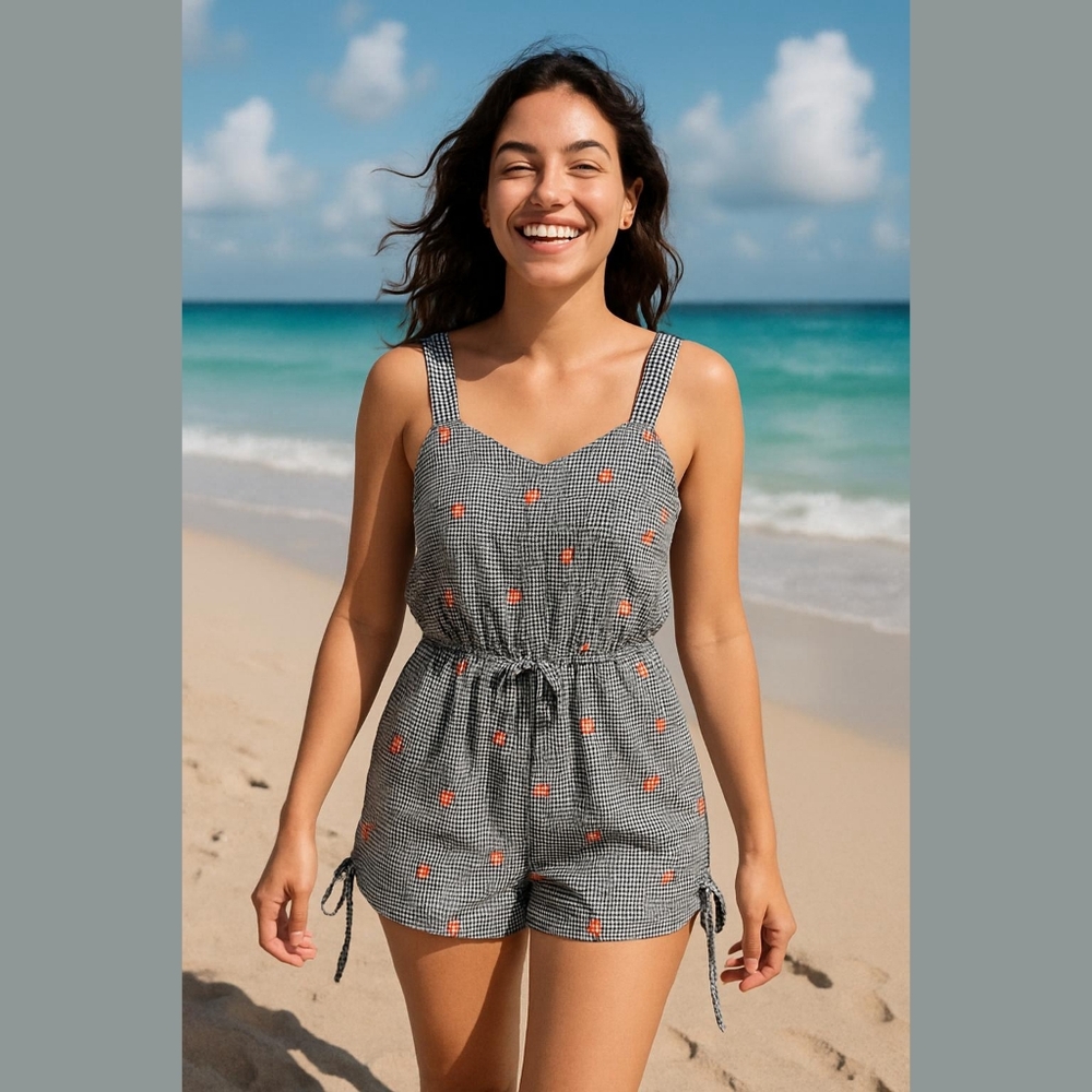 Make a statement with our Small Check Board Embroidered Flower Feminine Romper!